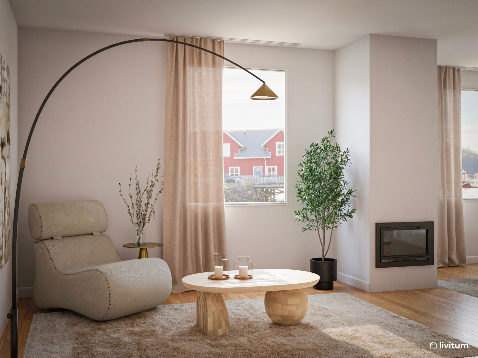 Dormitorio elegante con sala de estar de estilo nórdico 