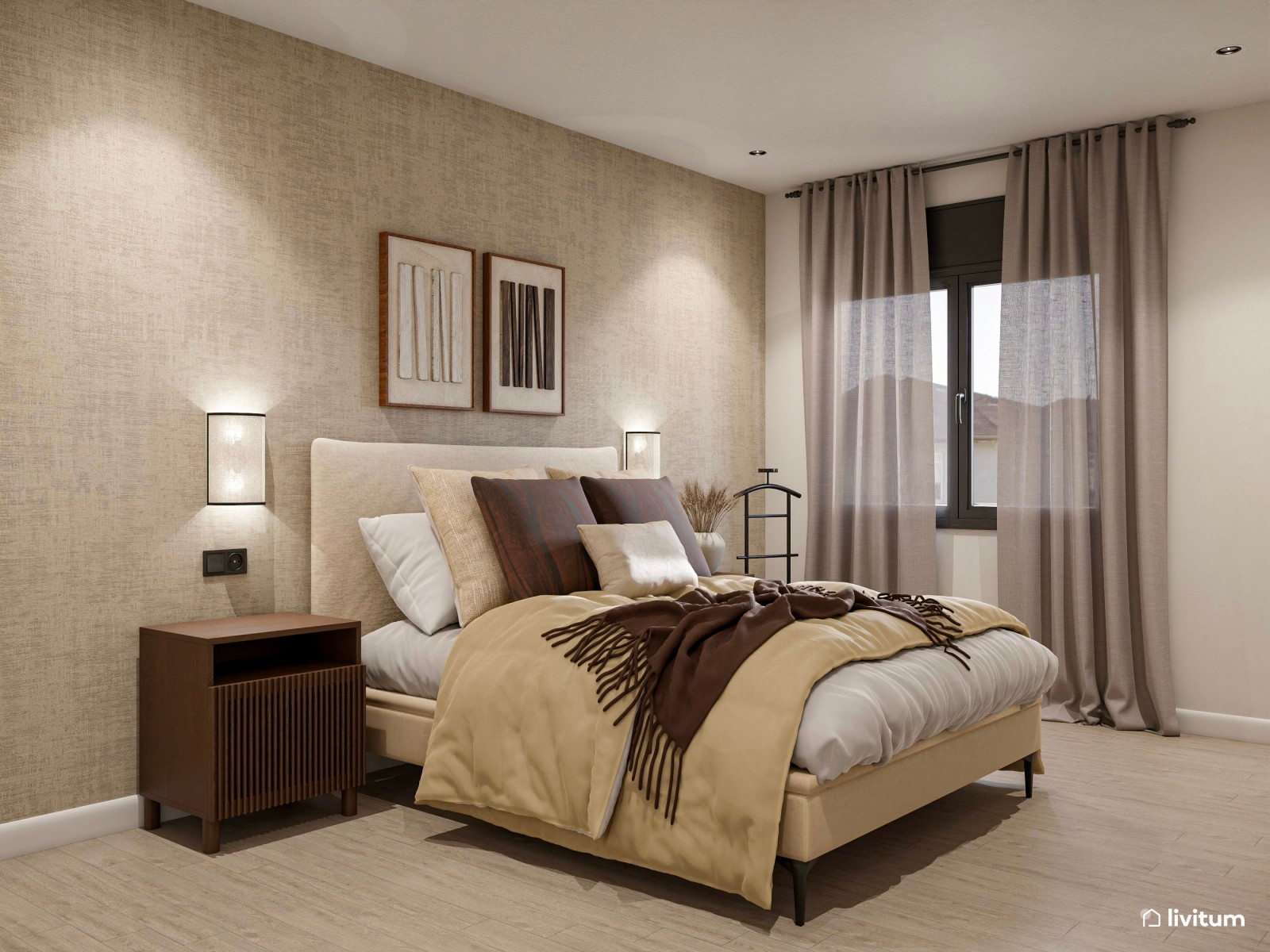 Dormitorio elegante y acogedor en tonos tierra