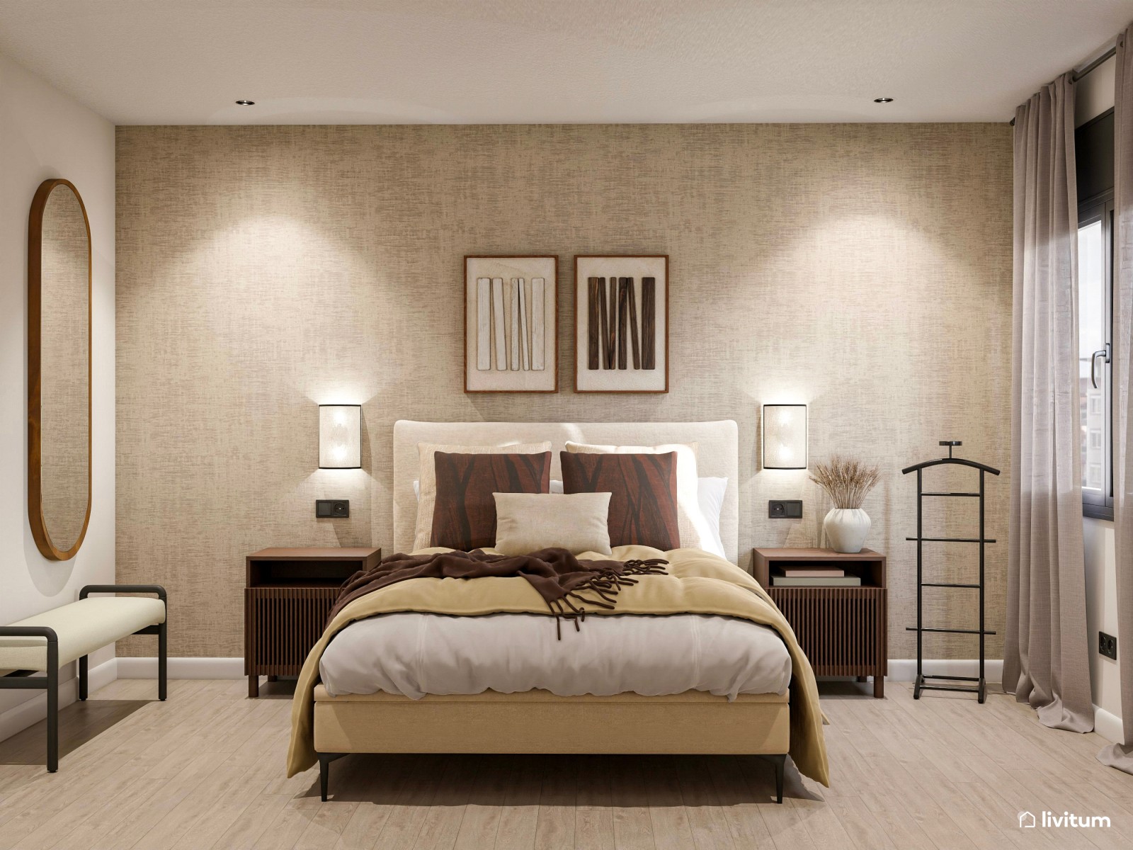 Dormitorio elegante y acogedor en tonos tierra