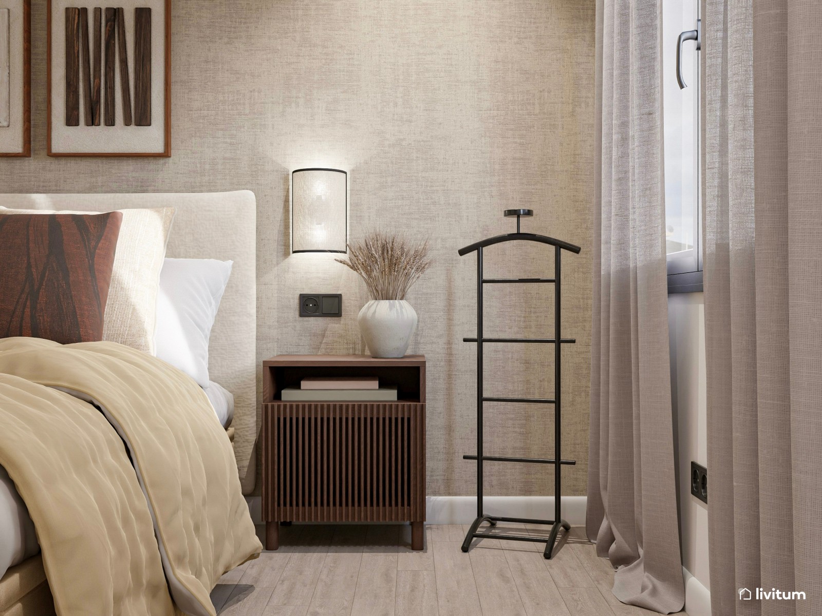 Dormitorio elegante y acogedor en tonos tierra