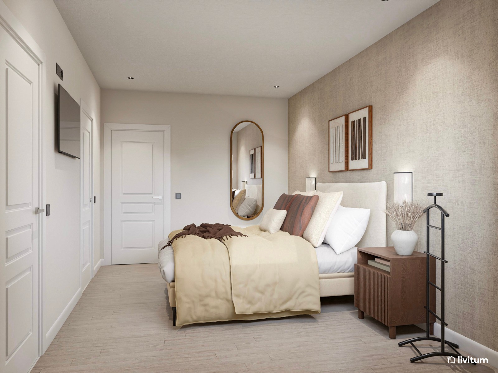 Dormitorio elegante y acogedor en tonos tierra