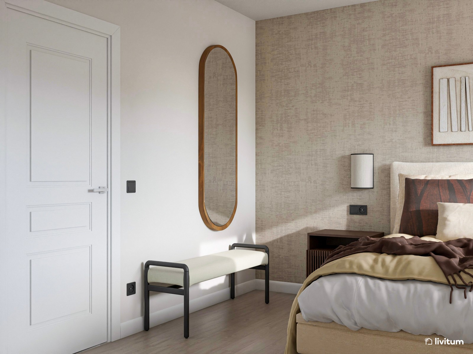 Dormitorio elegante y acogedor en tonos tierra