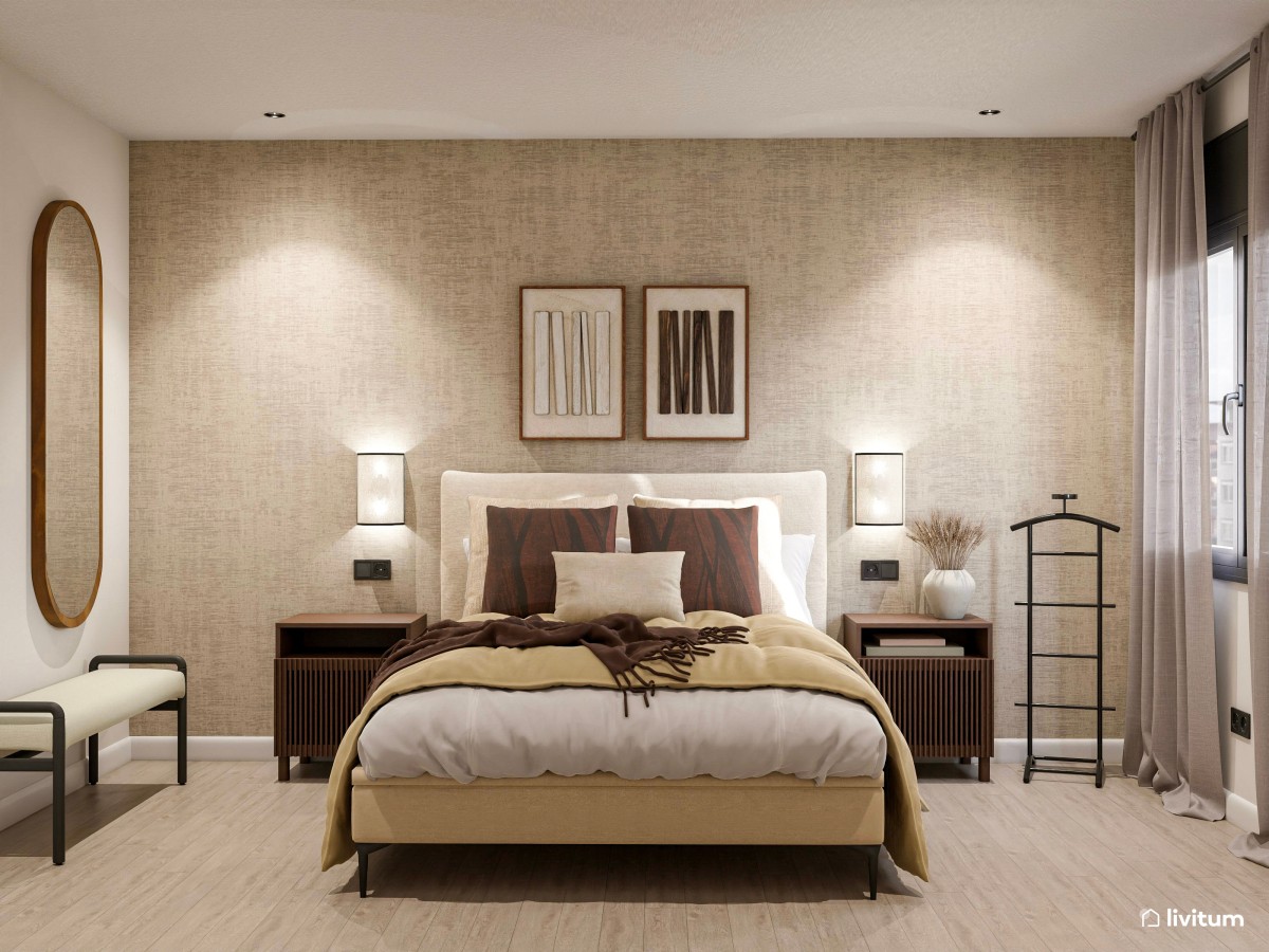 Dormitorio elegante y acogedor en tonos tierra