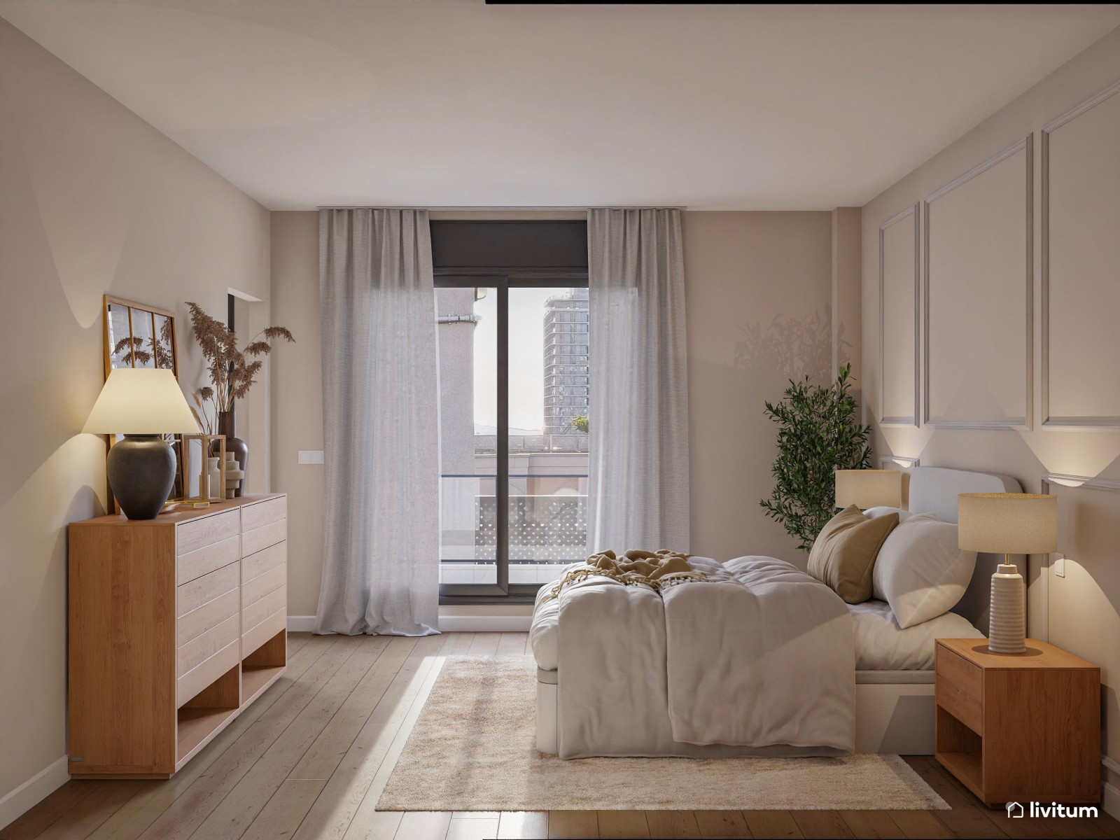 Dormitorio elegante y minimalista con molduras y tocador