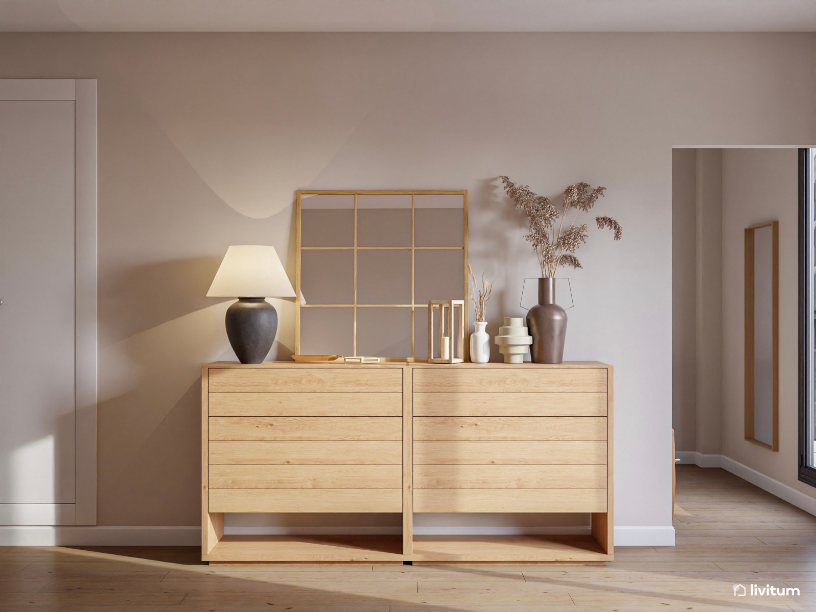 Dormitorio elegante y minimalista con molduras y tocador