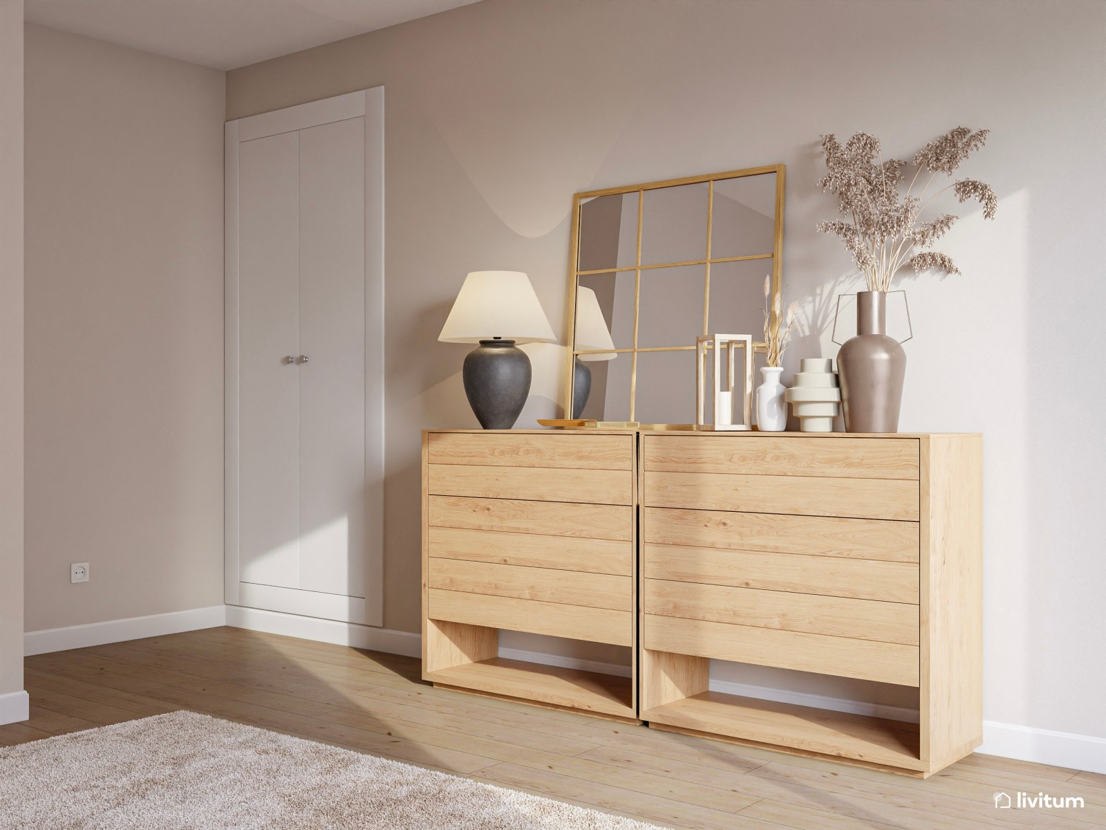 Dormitorio elegante y minimalista con molduras y tocador