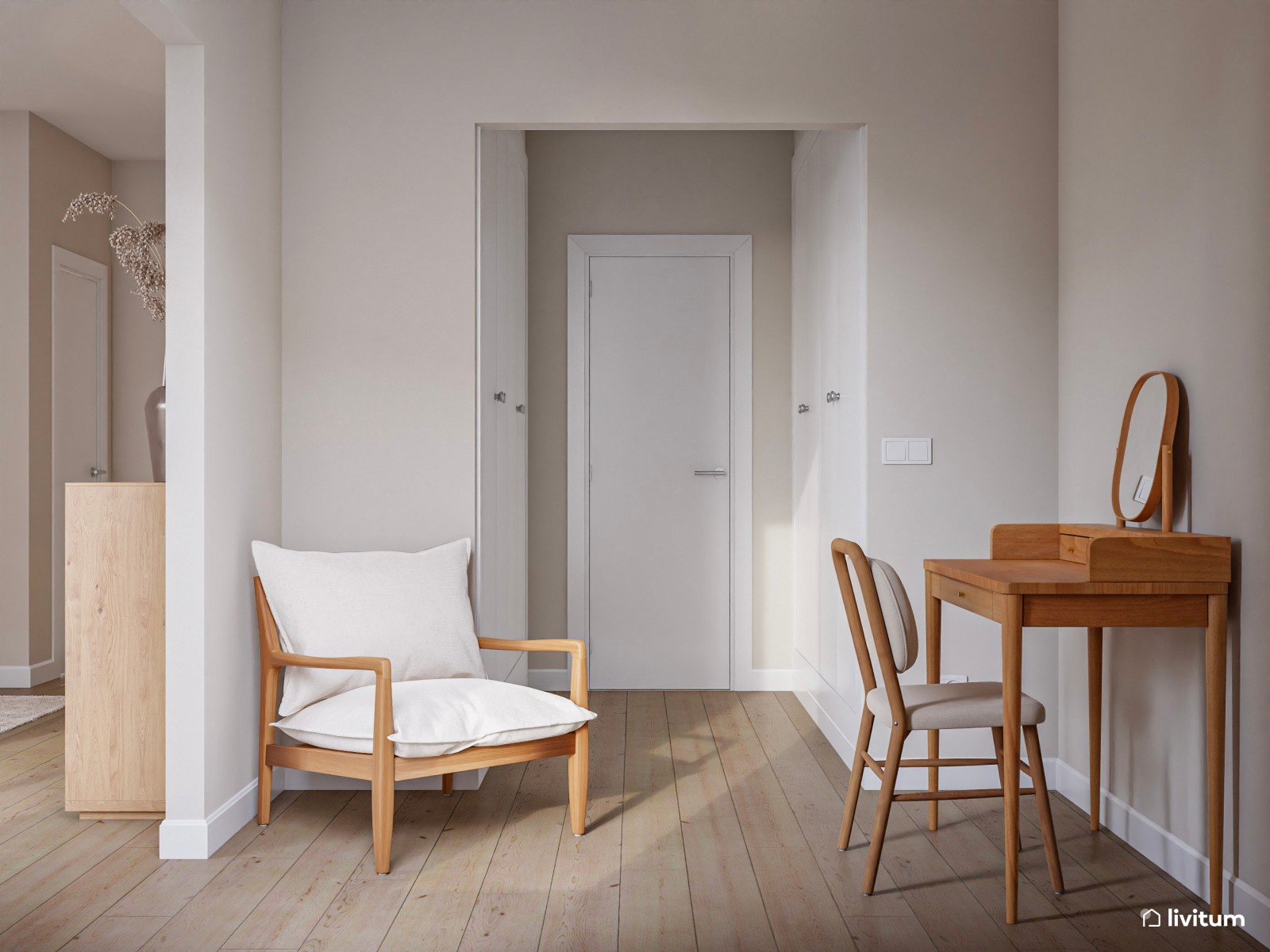 Dormitorio elegante y minimalista con molduras y tocador