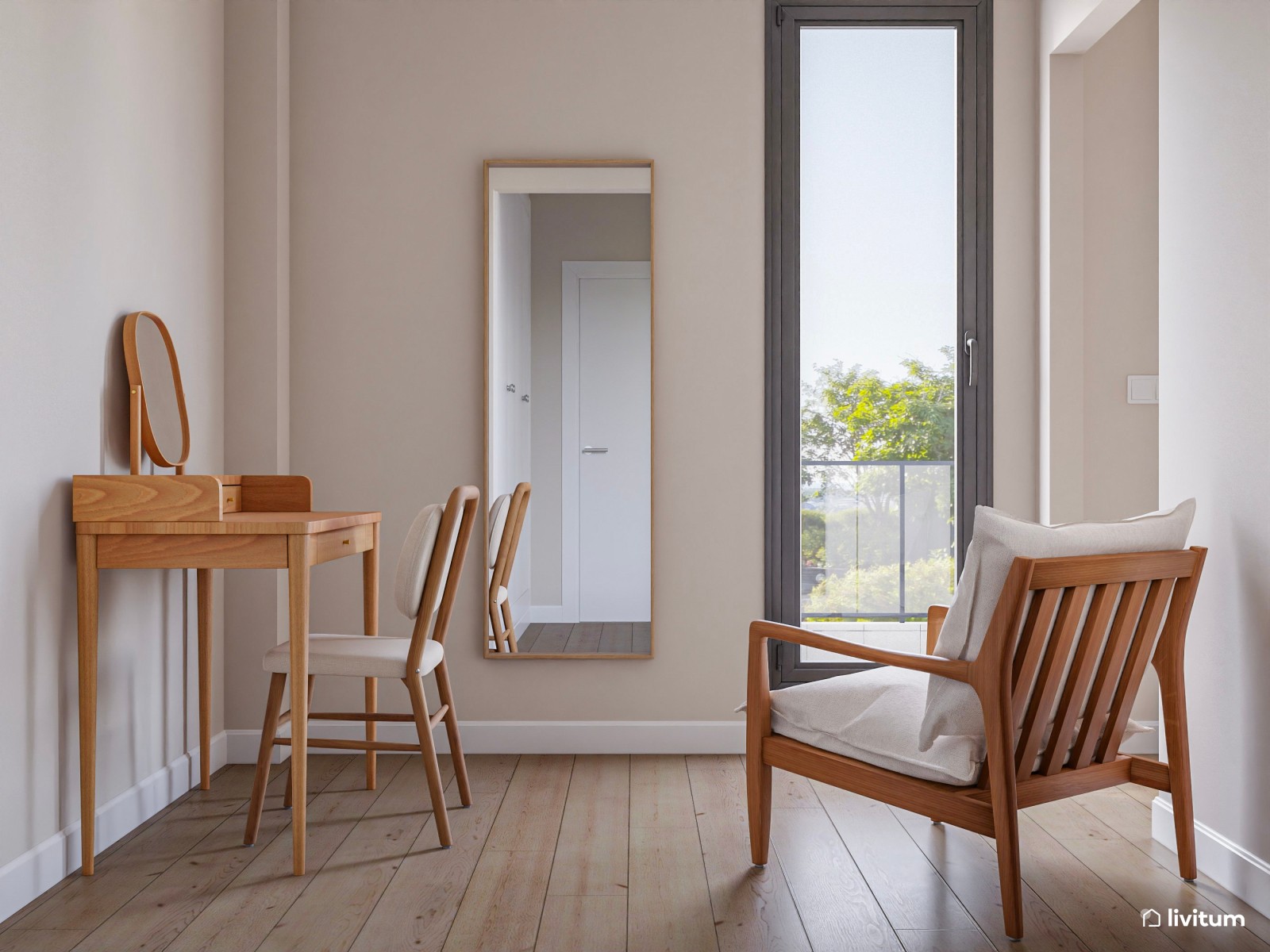 Dormitorio elegante y minimalista con molduras y tocador