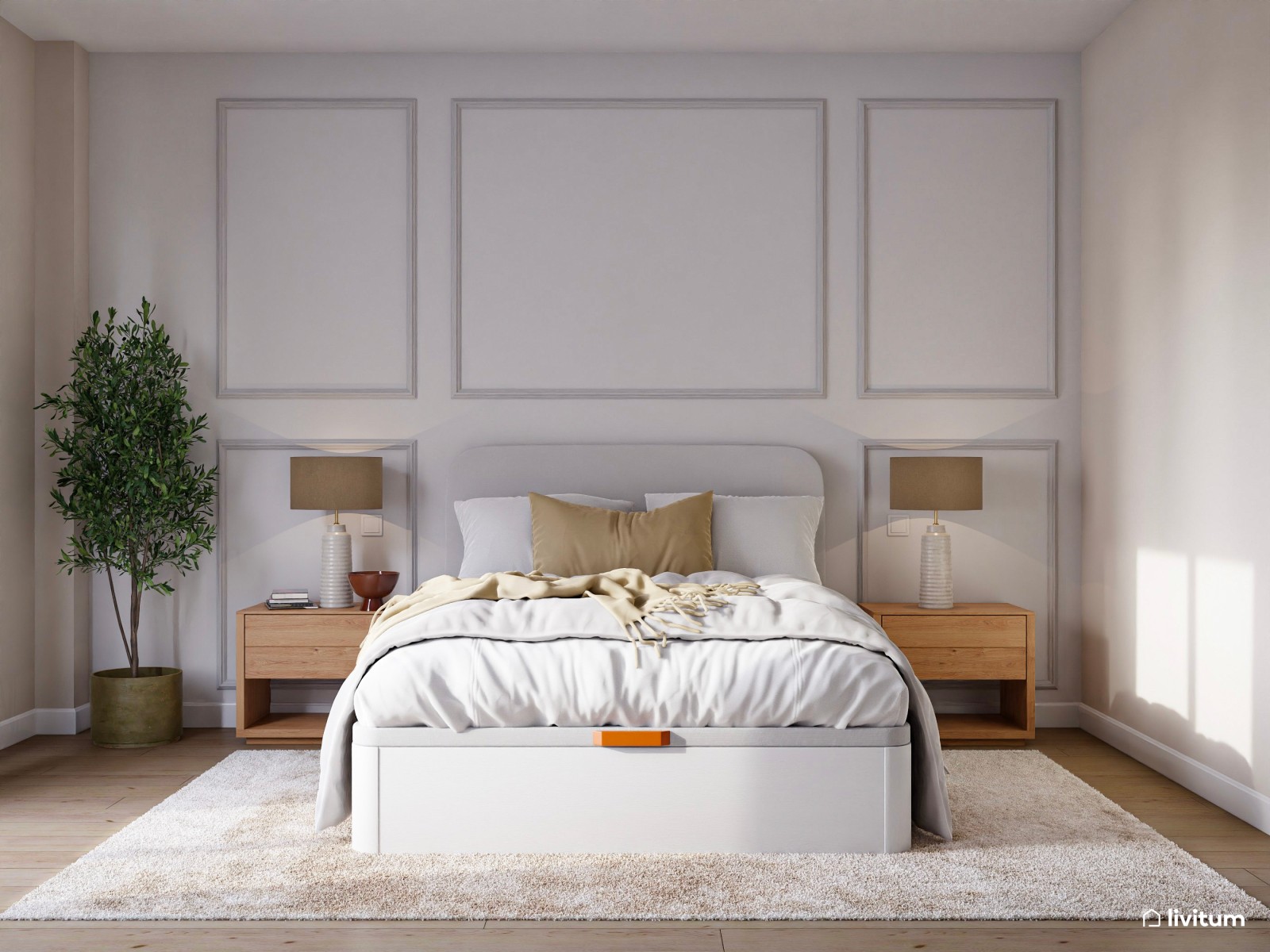 Dormitorio elegante y minimalista con molduras y tocador