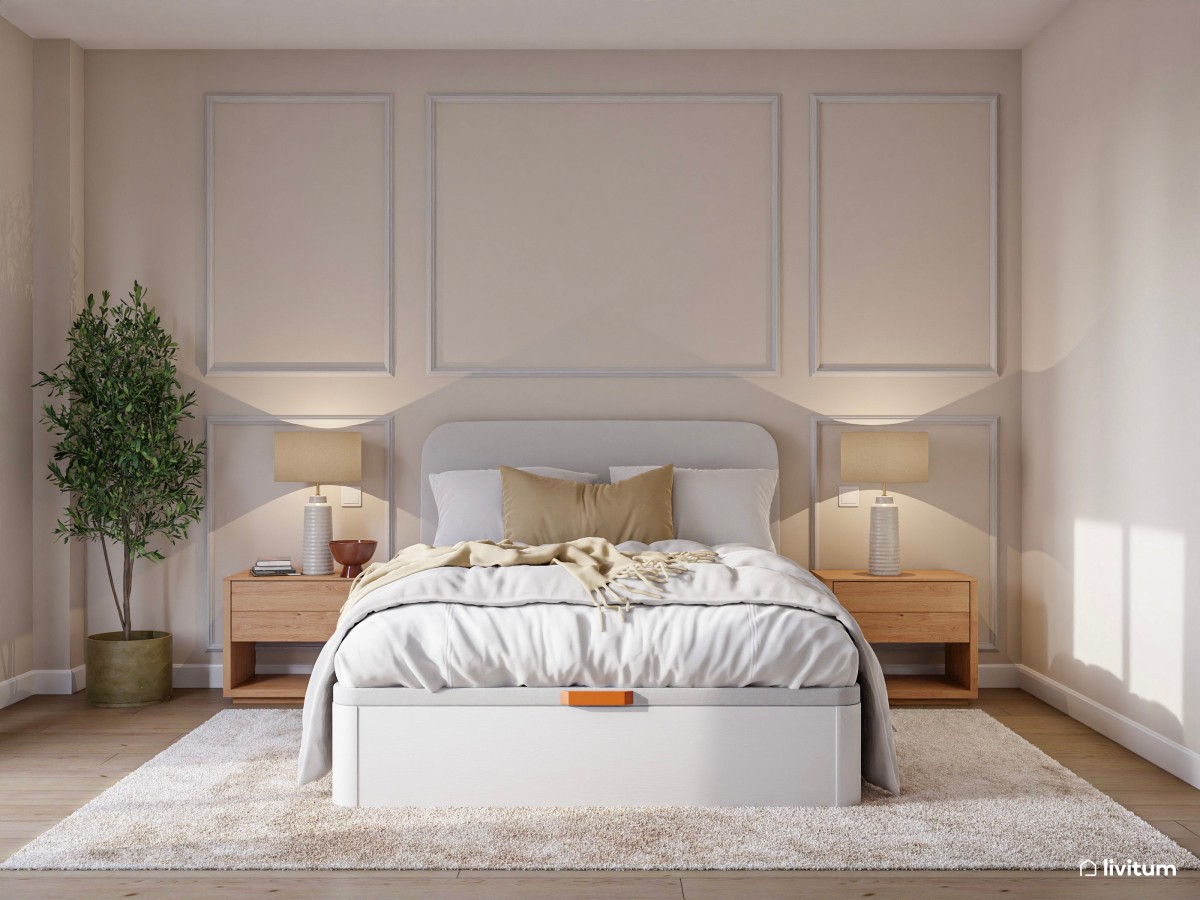 Dormitorio elegante y minimalista con molduras y tocador