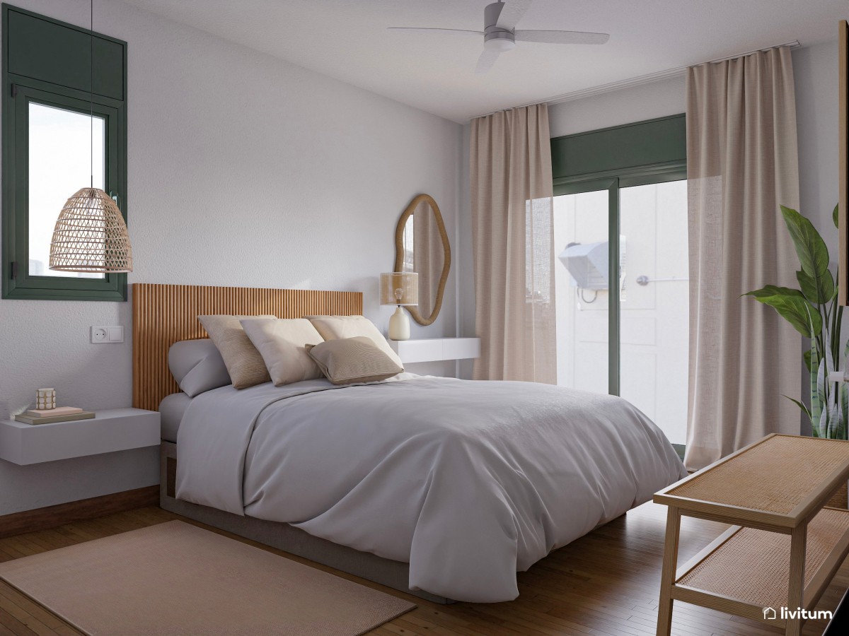 Dormitorio en blanco y madera con toques de verde