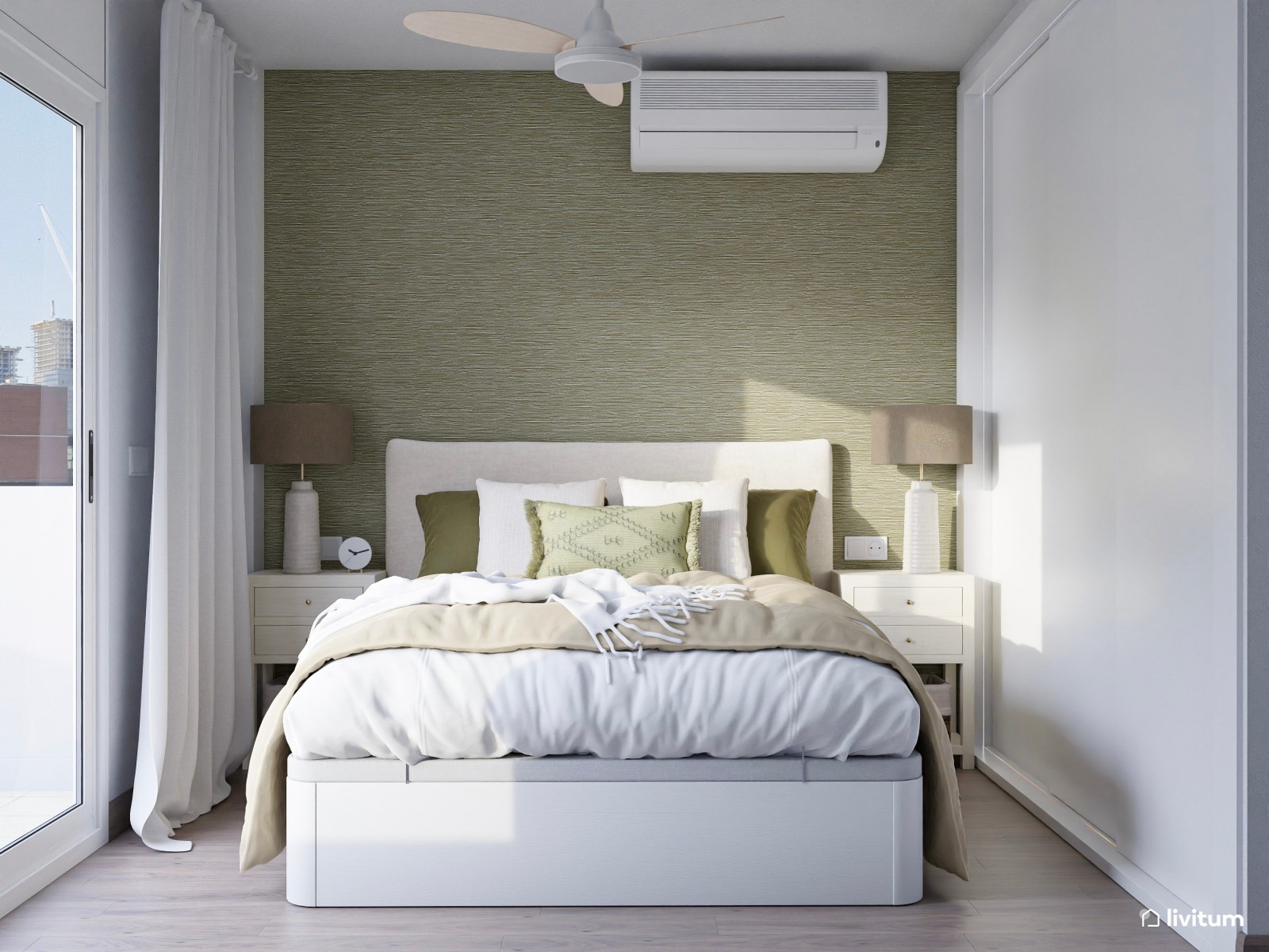 Dormitorio en blanco y verde con zona de despacho