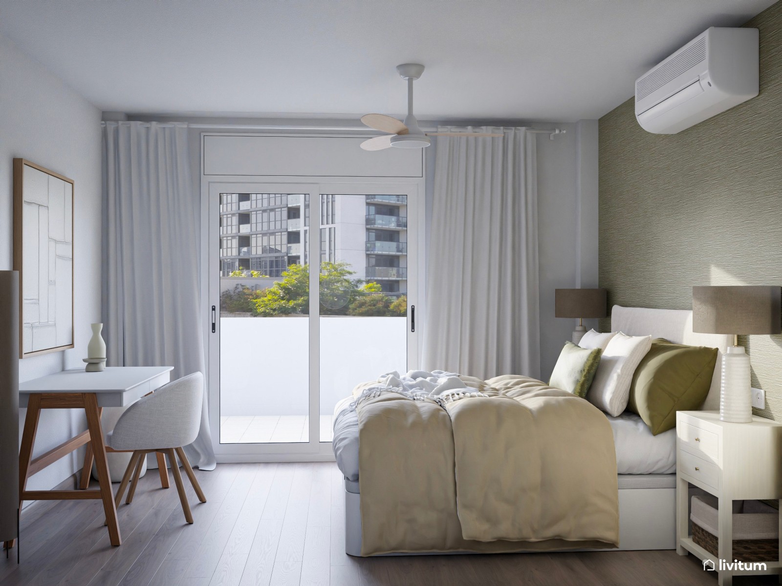 Dormitorio en blanco y verde con zona de despacho