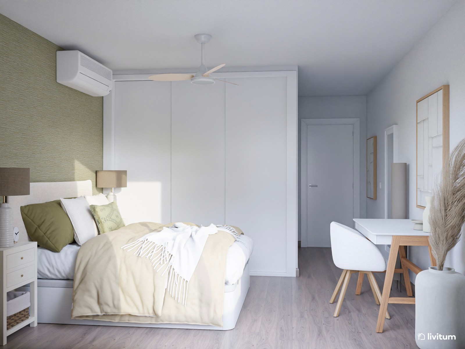 Dormitorio en blanco y verde con zona de despacho