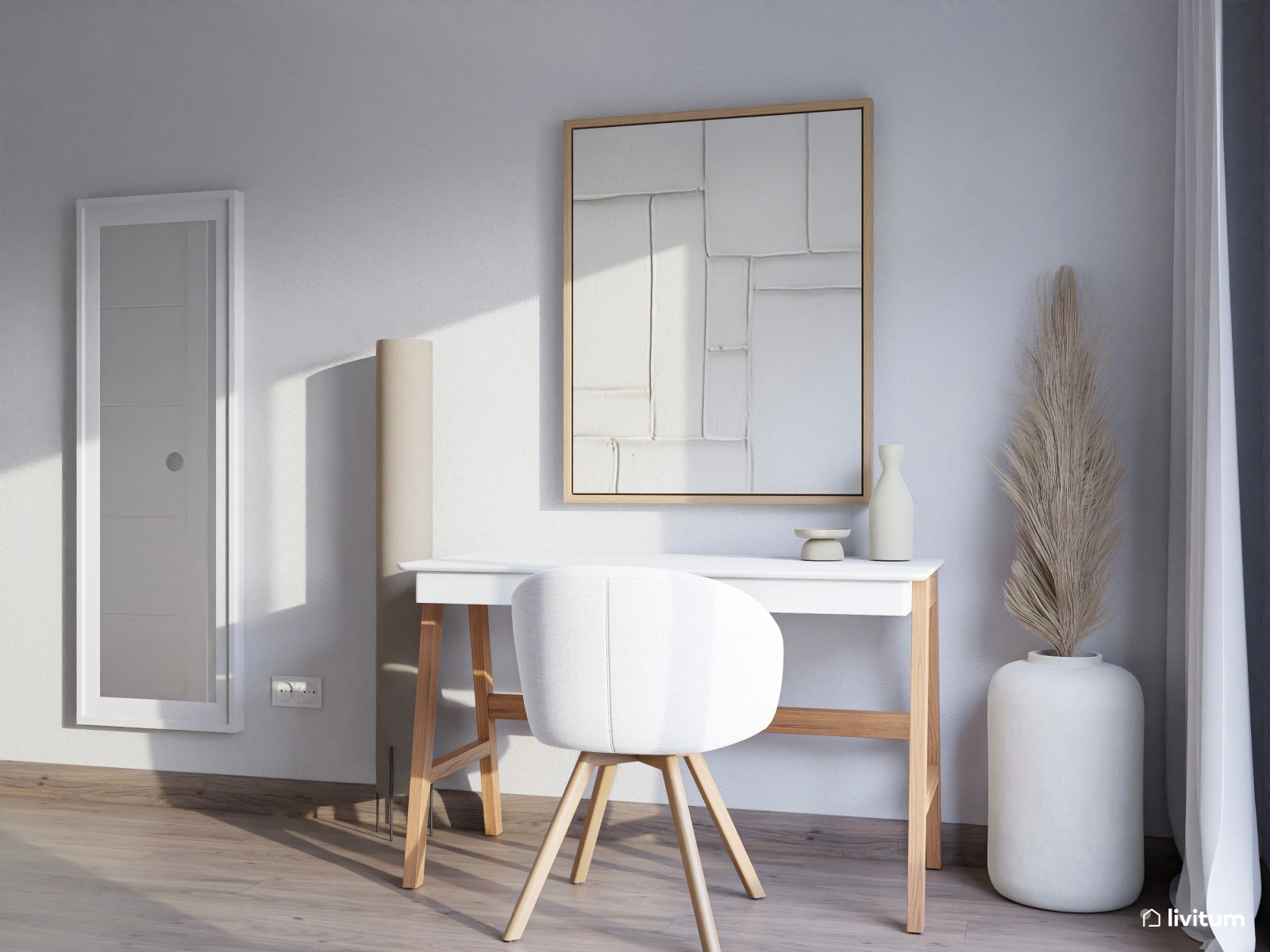 Dormitorio en blanco y verde con zona de despacho