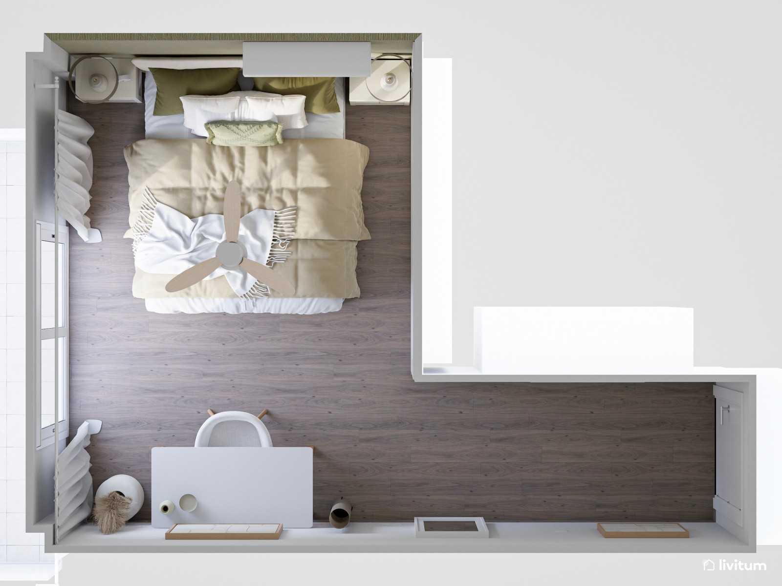 Dormitorio en blanco y verde con zona de despacho