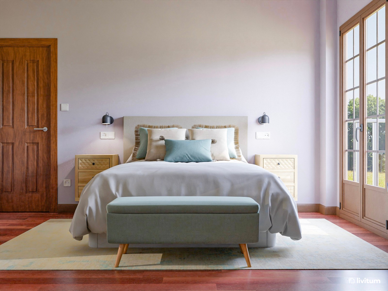 Dormitorio  en lila bajo techo abuhardillado con vigas expuestas 