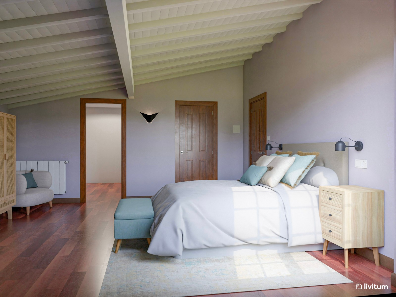 Dormitorio  en lila bajo techo abuhardillado con vigas expuestas 