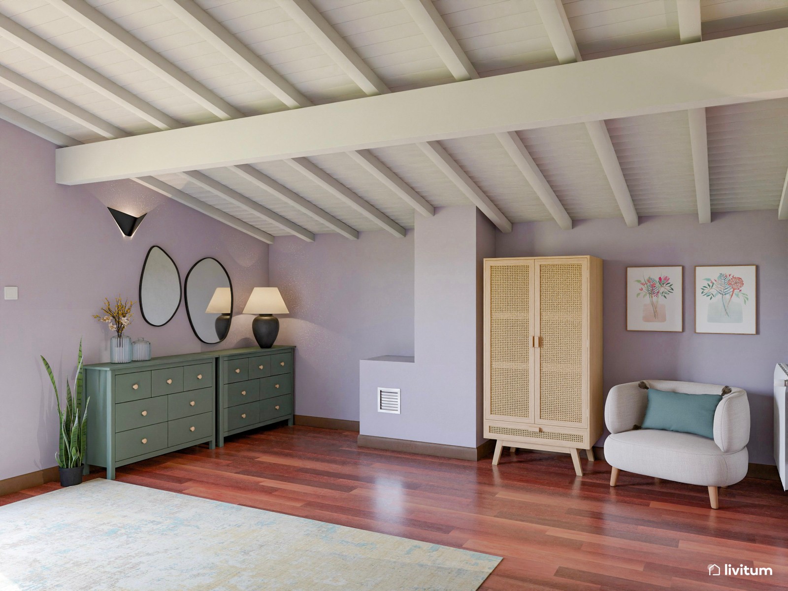 Dormitorio  en lila bajo techo abuhardillado con vigas expuestas 