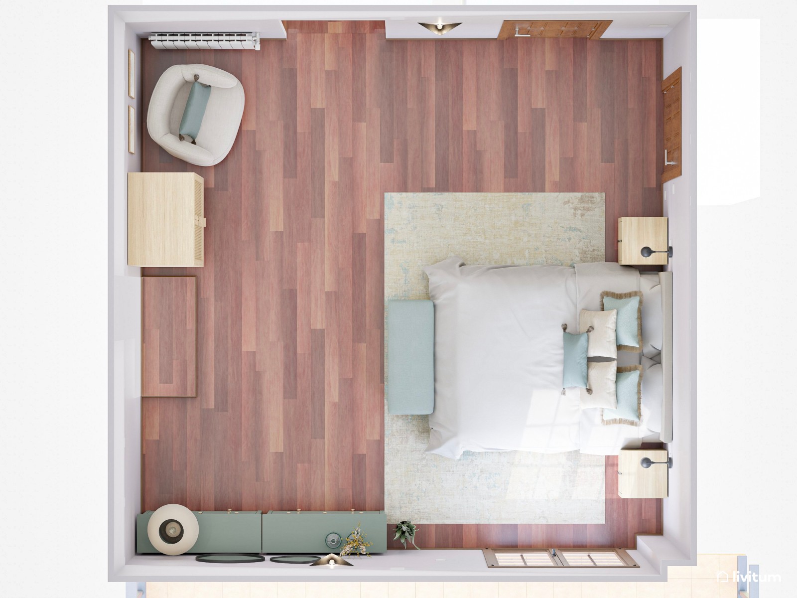 Dormitorio  en lila bajo techo abuhardillado con vigas expuestas 