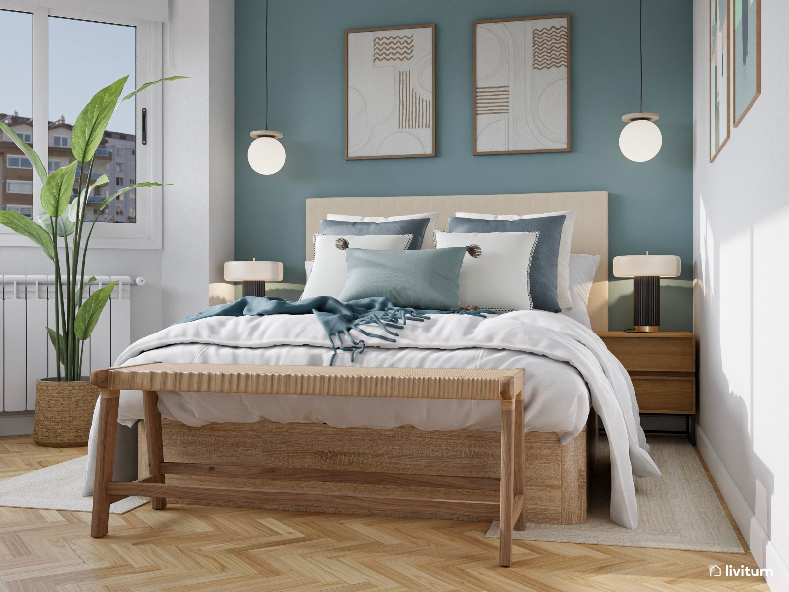 Dormitorio en madera y azul aguamarina