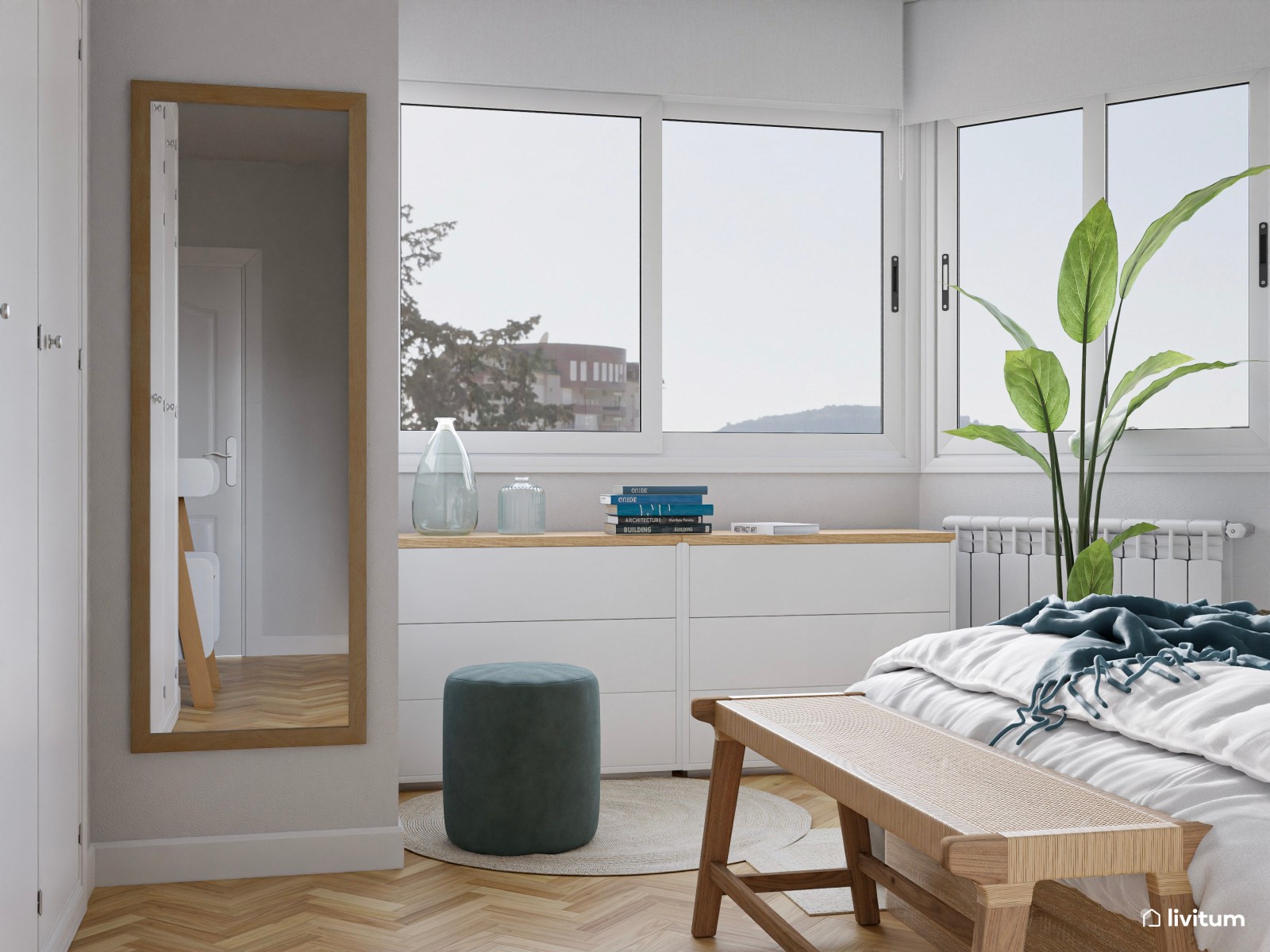 Dormitorio en madera y azul aguamarina