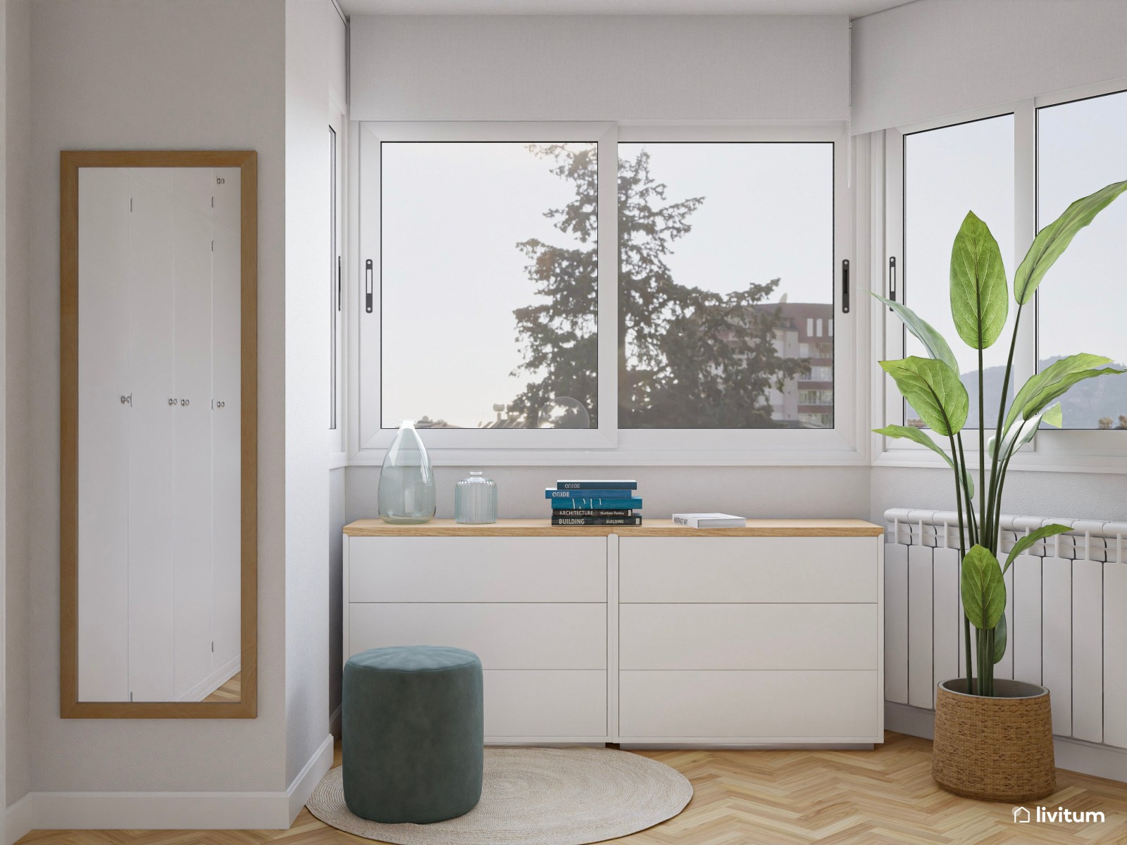 Dormitorio en madera y azul aguamarina