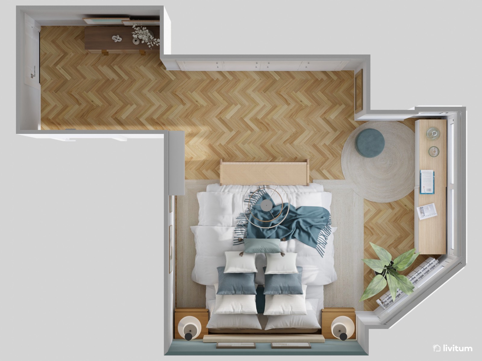 Dormitorio en madera y azul aguamarina