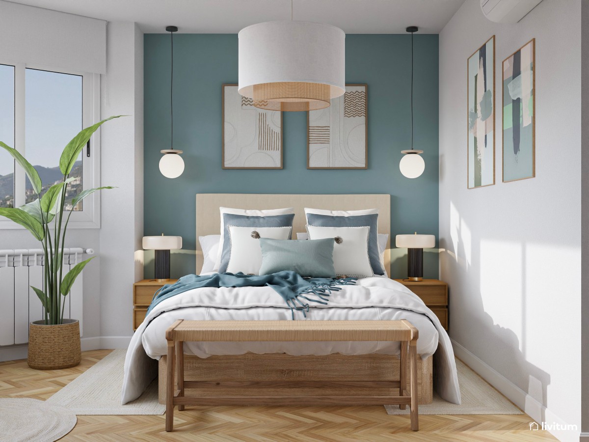 Dormitorio en madera y azul aguamarina