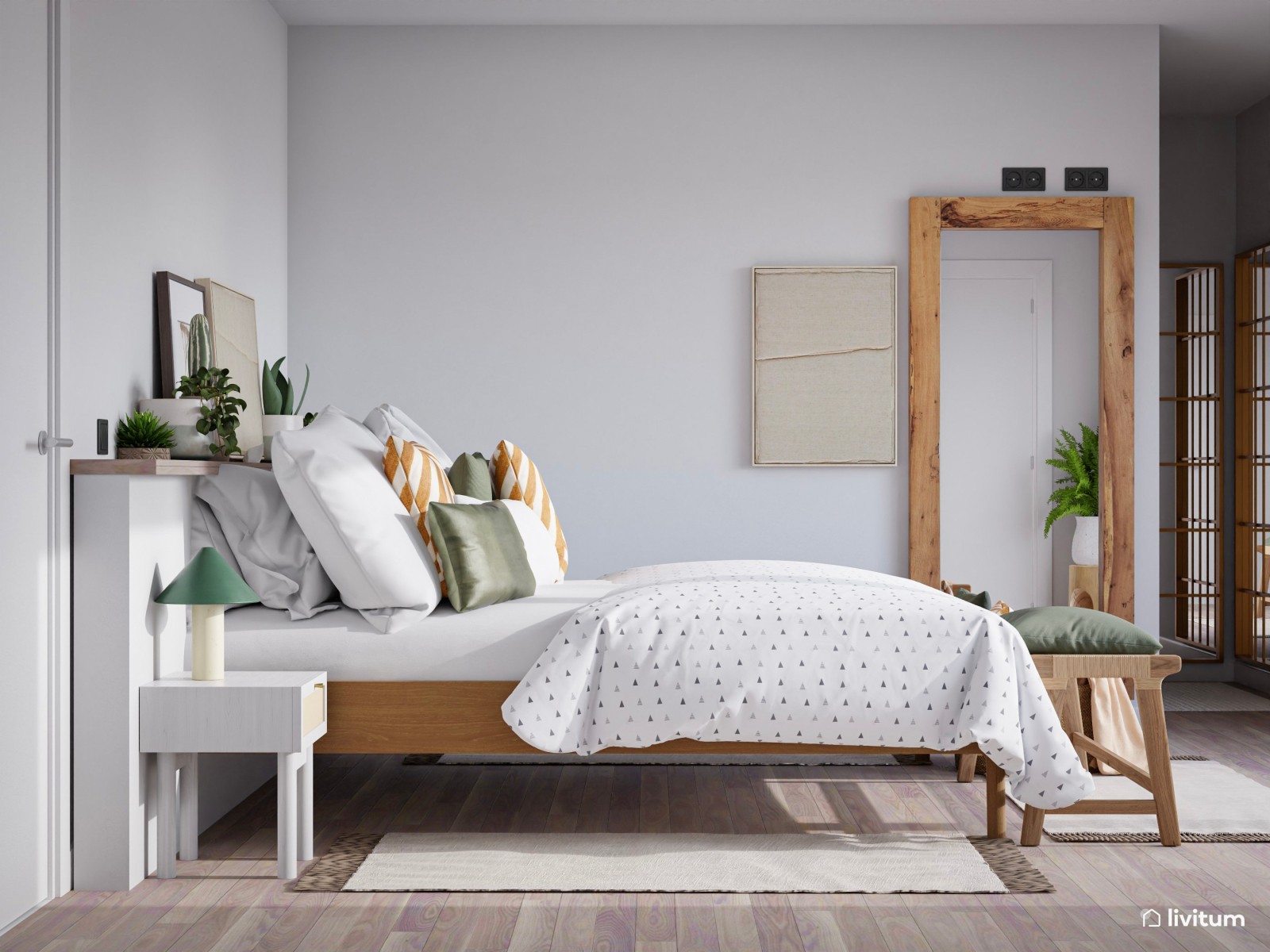 Dormitorio en tonos neutros, ocres y verde con vestidor