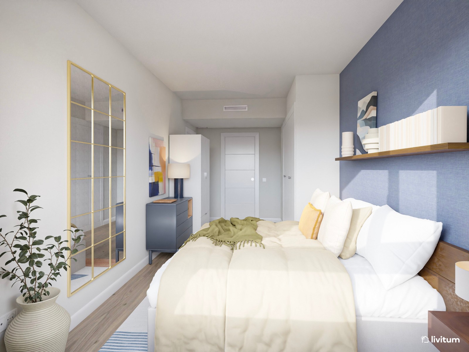 Dormitorio estrecho y alargado en blanco y azul