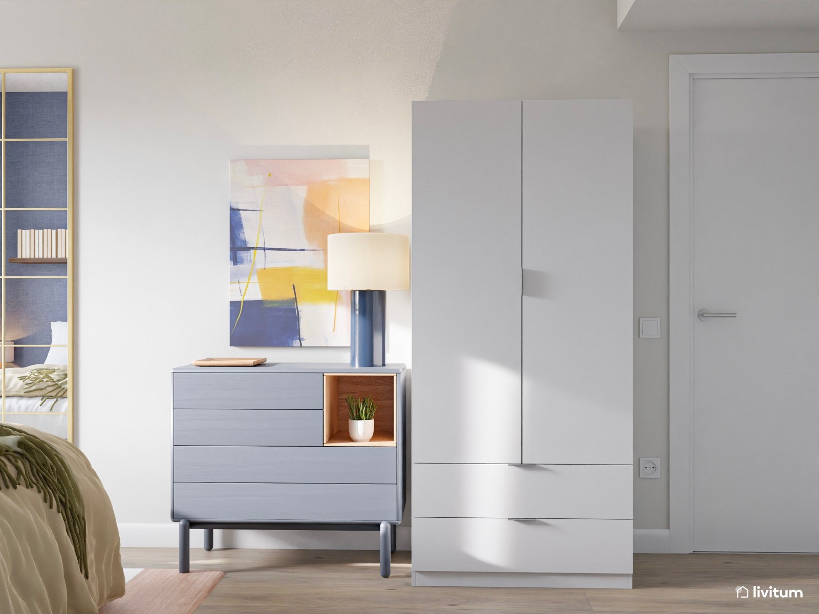 Dormitorio estrecho y alargado en blanco y azul