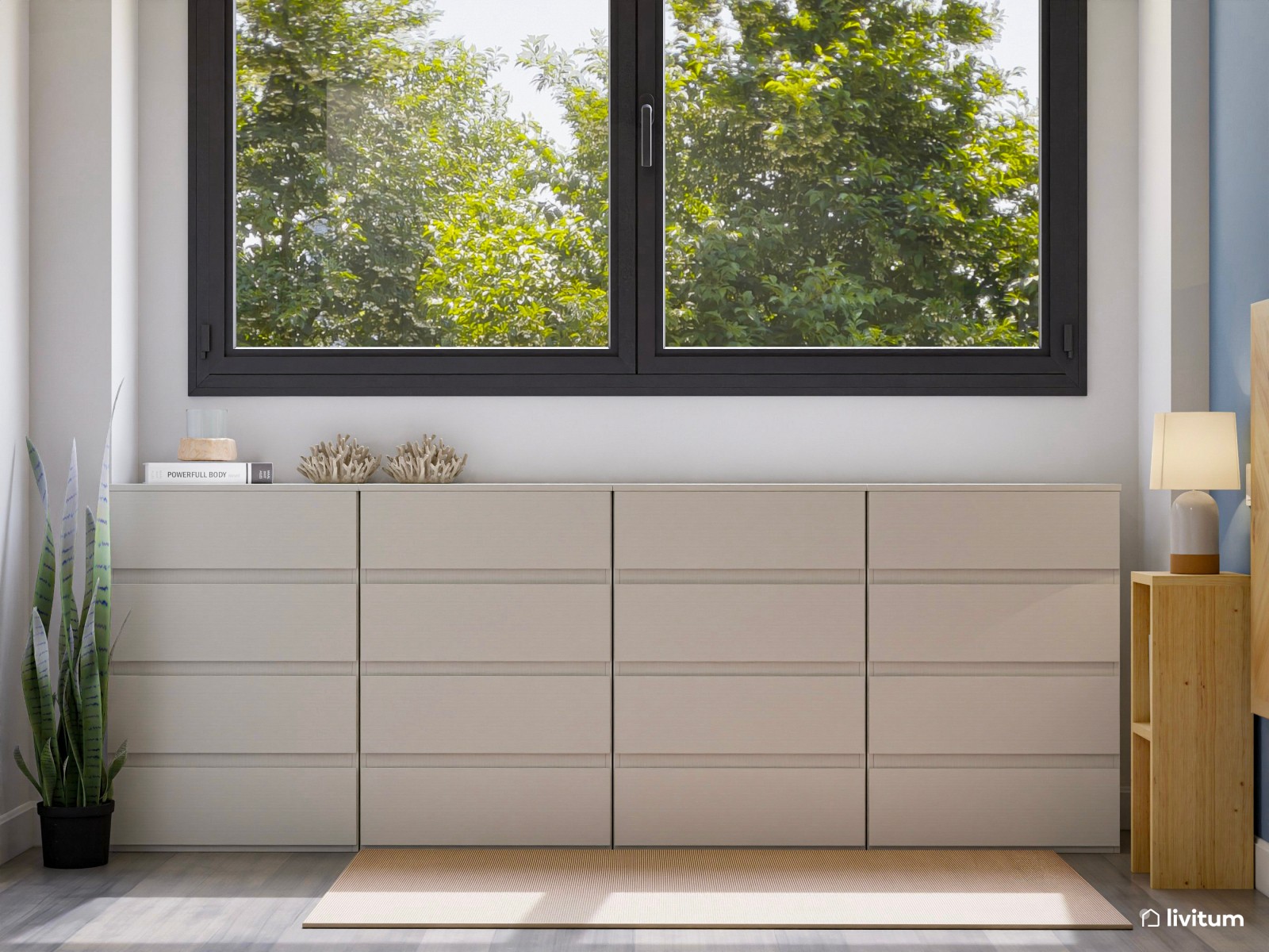 Dormitorio individual con cama doble y pared de acento en azul empolvado