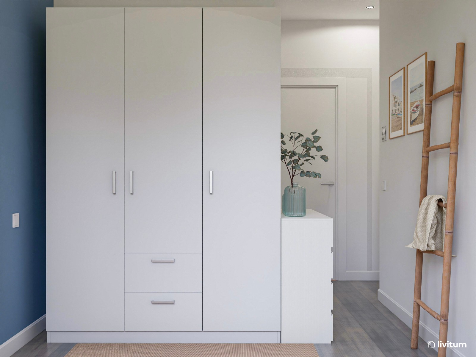 Dormitorio individual con cama doble y pared de acento en azul empolvado