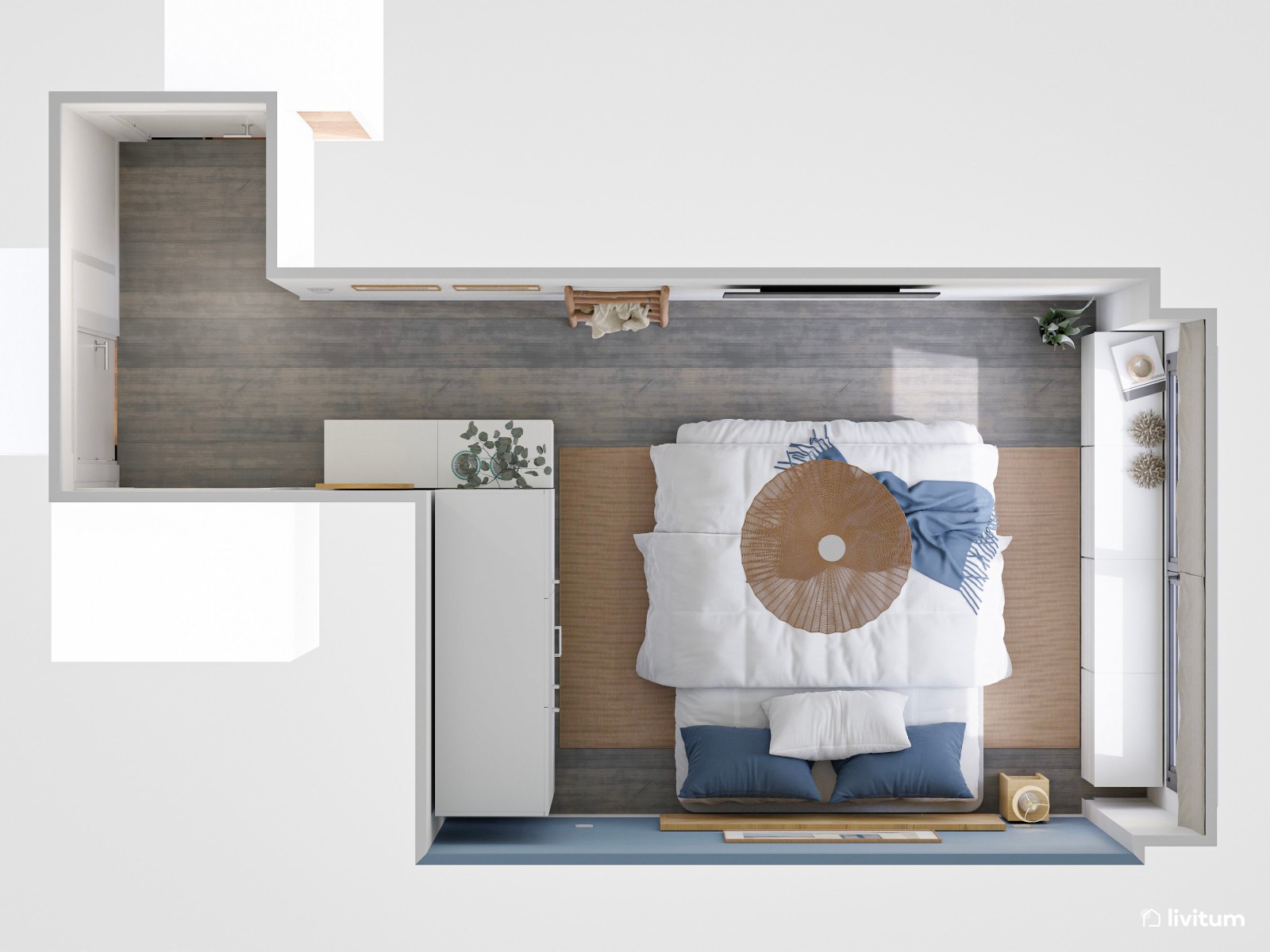 Dormitorio individual con cama doble y pared de acento en azul empolvado