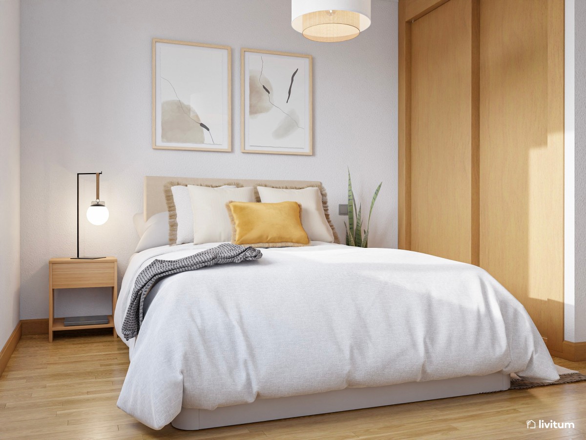 Dormitorio individual en blanco y madera con zona de trabajo y luz ...