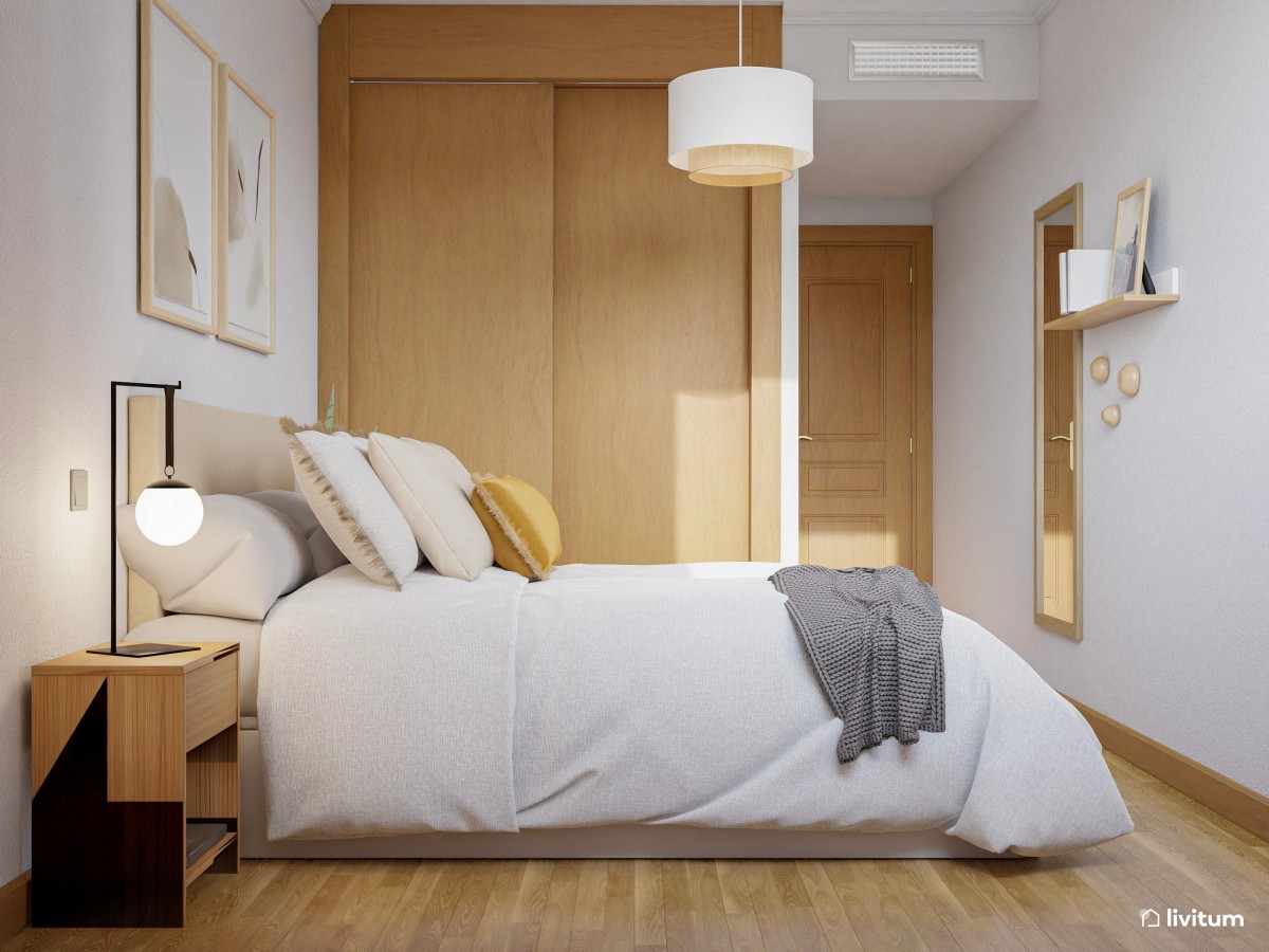 Dormitorio individual en blanco y madera con zona de trabajo y luz ...