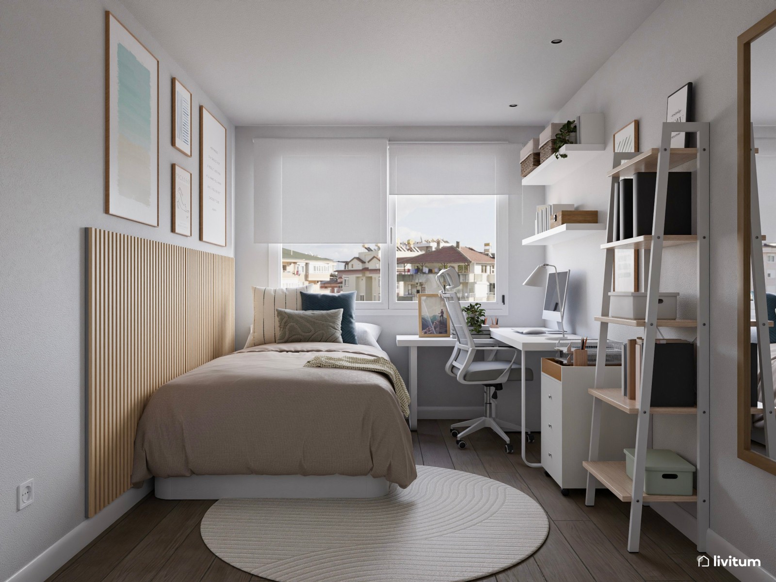 Dormitorio individual en tonos claros con detalles celestes
