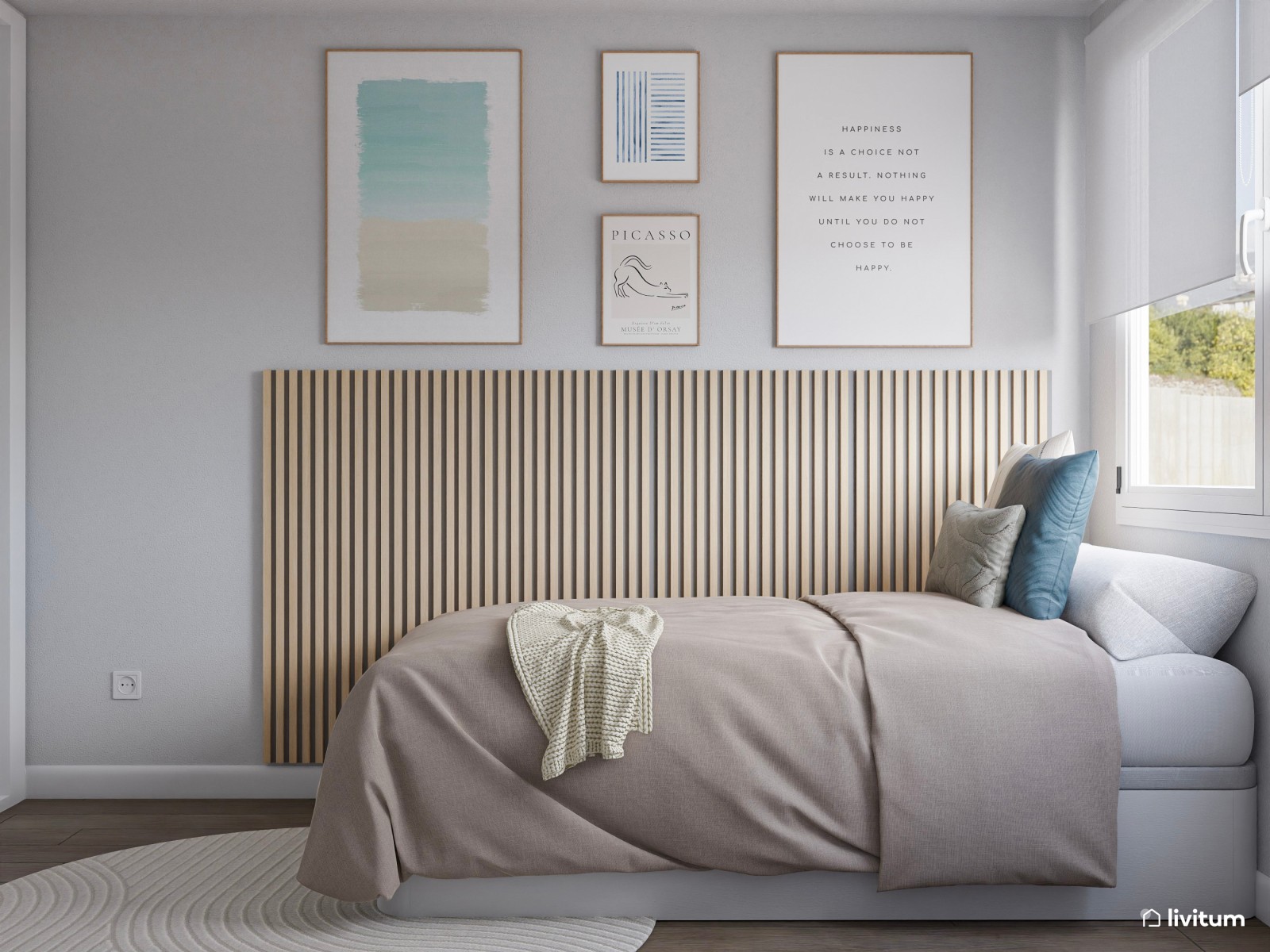 Dormitorio individual en tonos claros con detalles celestes