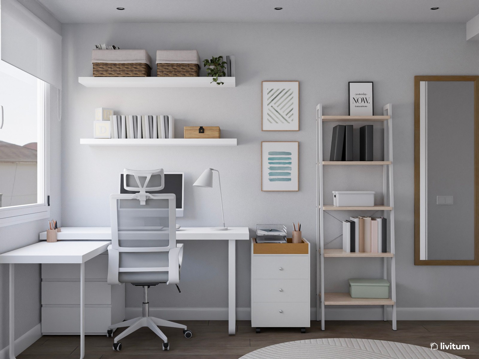 Dormitorio individual en tonos claros con detalles celestes