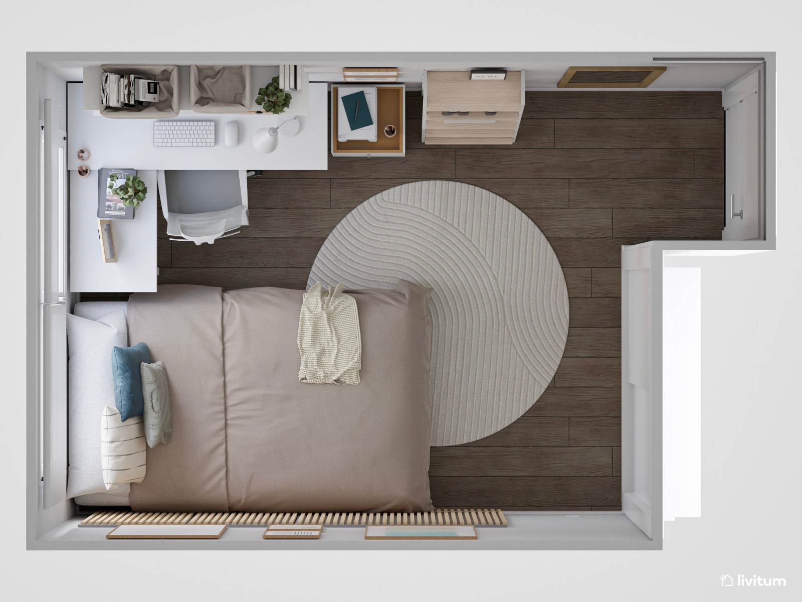 Dormitorio individual en tonos claros con detalles celestes