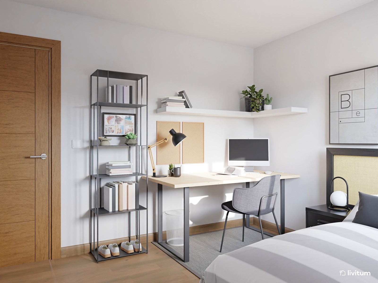 Dormitorio industrial y nórdico con cama individual 