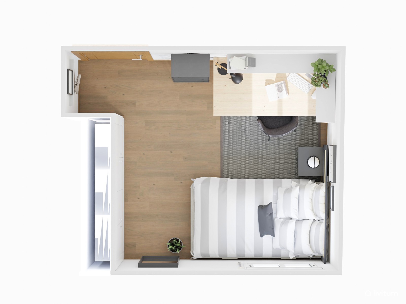 Dormitorio industrial y nórdico con cama individual 