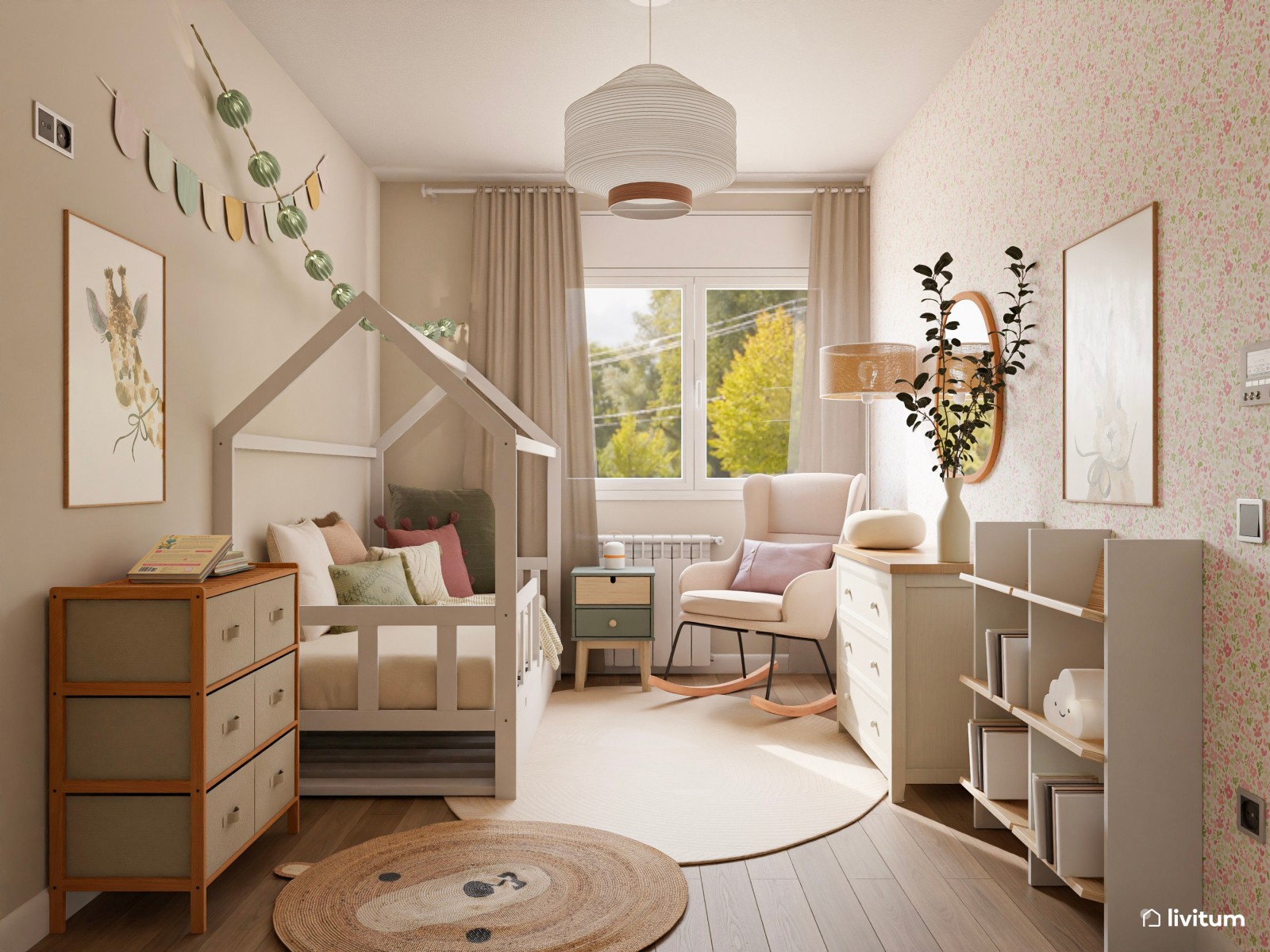 Dormitorio infantil clásico con cama nido y mecedora 