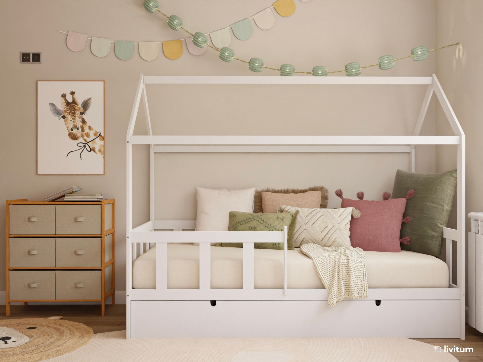 Dormitorio infantil clásico con cama nido y mecedora 