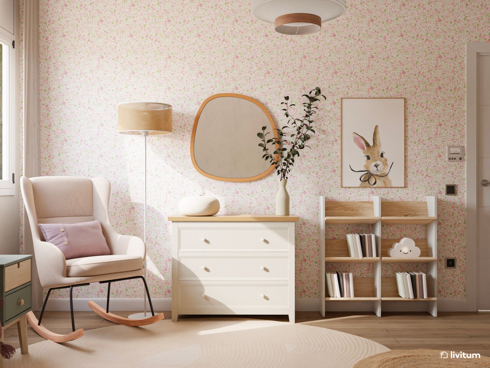 Dormitorio infantil clásico con cama nido y mecedora 