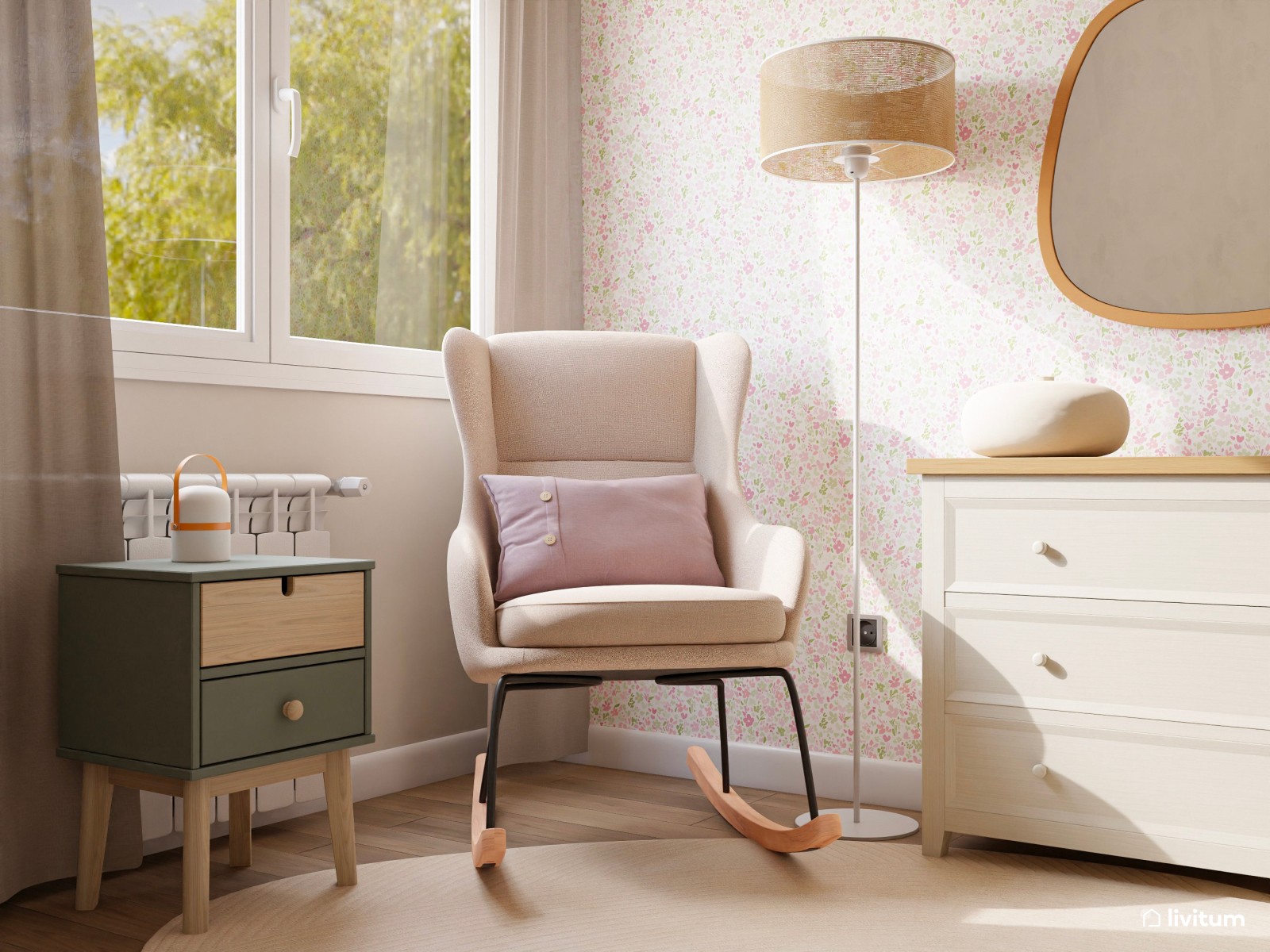 Dormitorio infantil clásico con cama nido y mecedora 