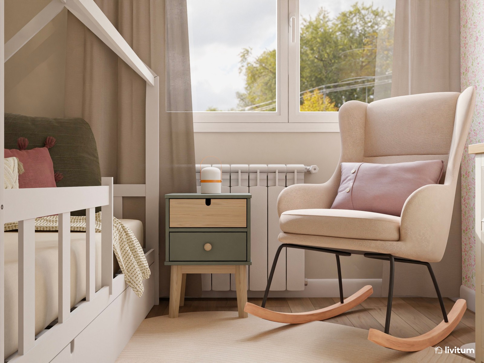 Dormitorio infantil clásico con cama nido y mecedora 