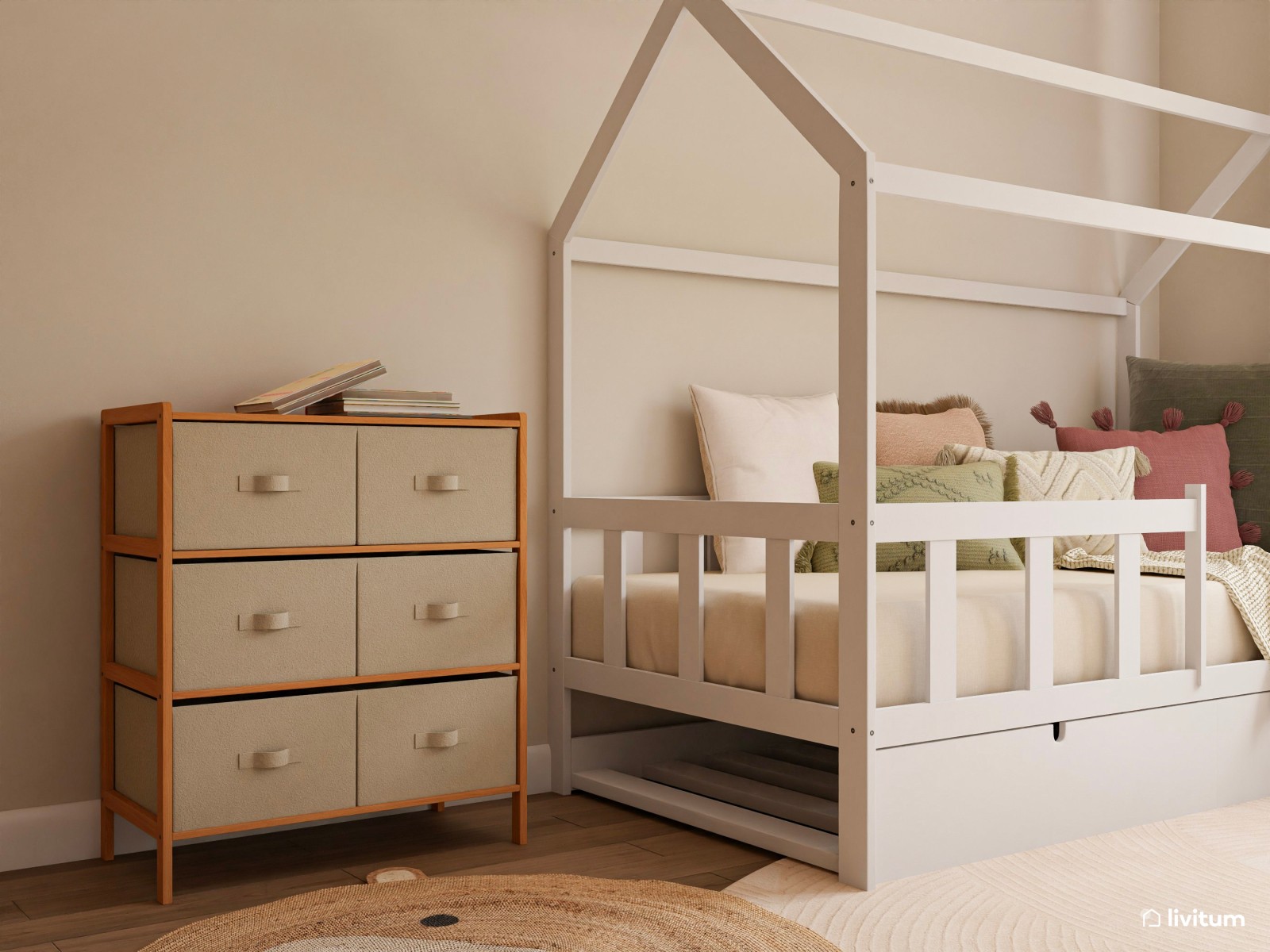 Dormitorio infantil clásico con cama nido y mecedora 