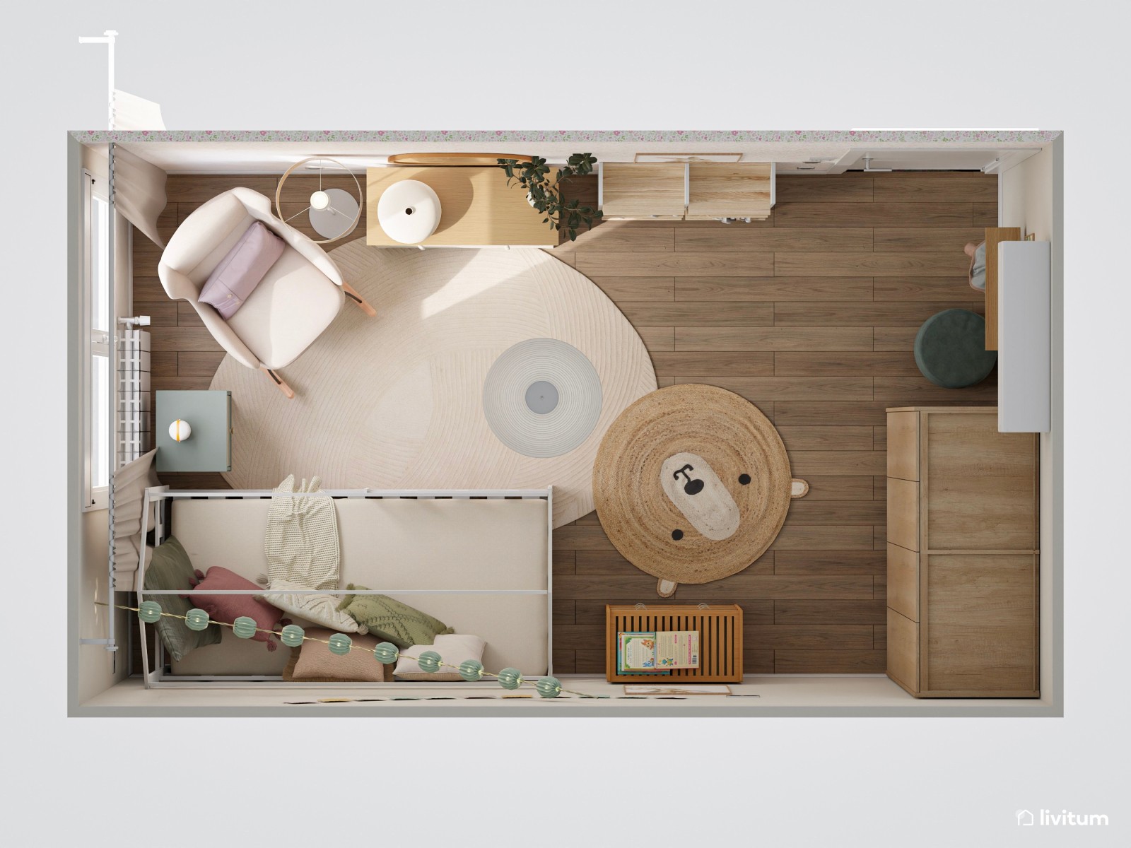 Dormitorio infantil clásico con cama nido y mecedora 